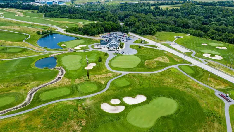 Royal Manchester Golf Links and clubhouse from above