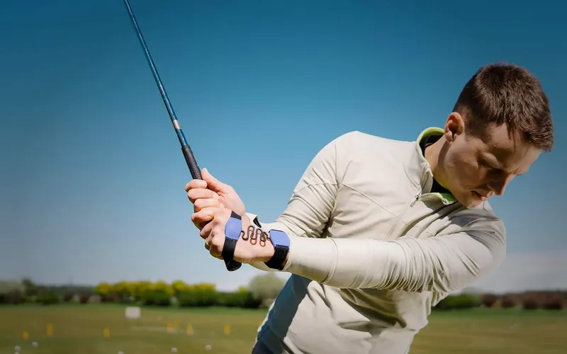 A golfer wearing the HackMotion wrist sensor